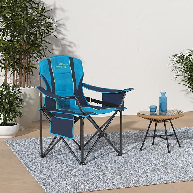 FAIR WIND Oversized Fully Padded Camping Chair with Lumbar Support, Heavy Duty Cooler Bag Fold Chair Support 450 LBS, Green