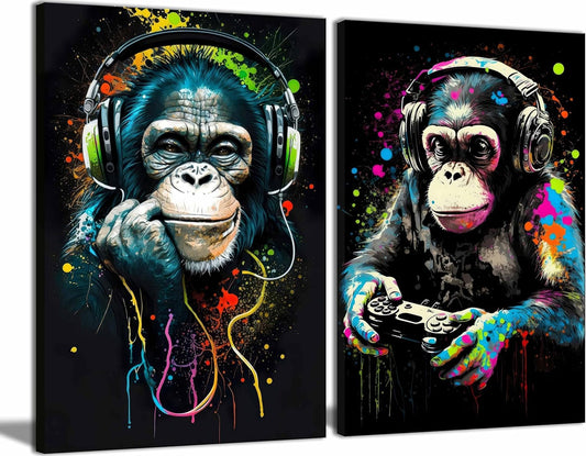 **Graffiti Gaming Canvas Wall Art - Vintage Watercolor Chimpanzee Poster for Boys' Game Room Decor**