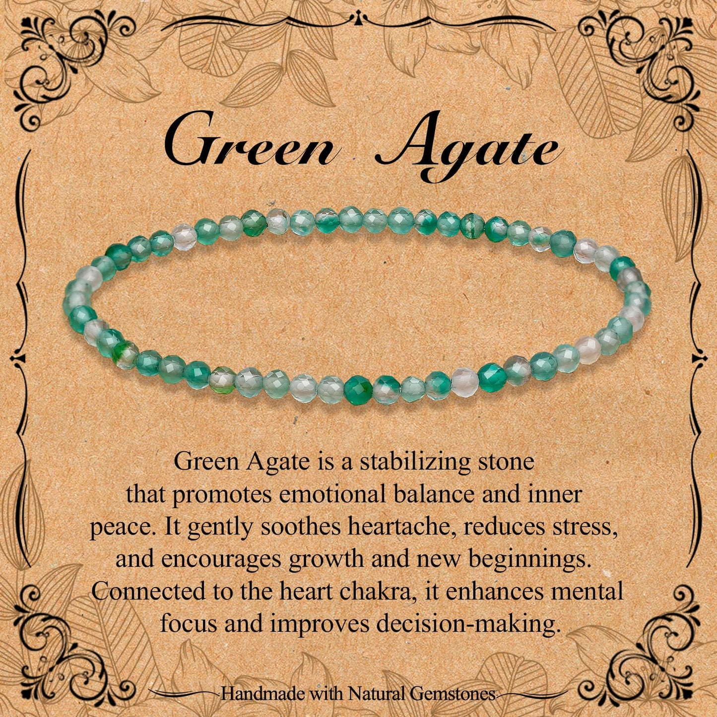 BONNY BOXX Natural Genuine Gemstone Faceted Round Beads Bracelet, 3mm Adjustable Stretchy Tiny Faceted Green Agate, Healing Crystal Reiki Chakra Dainty Jewelry Fashion Gifts