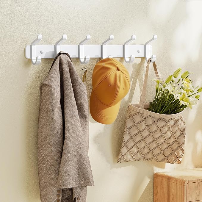 pickpiff Coat Rack Wall Mounted Heavy-Duty: Metal Coat Hanger 6 Hooks for Hanging Hat, Clothes, Robe, Keys, Backpack, Bathroom Towels, Jacket, Purse - Closet, Door, Entryway, Mudroom (White, 1 Pack)