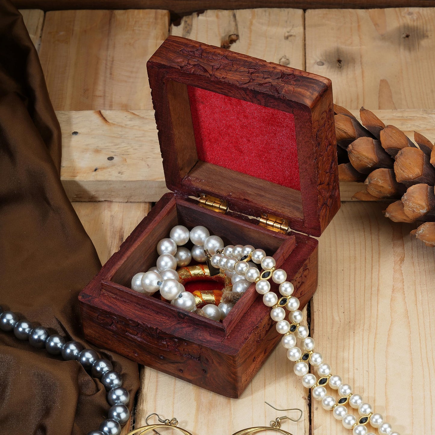 Ajuny Wooden Hand Carved Decorative Keepsake Box Jewelry Armoire Treasure Chest Trinket Holder Storage Travel Organiser Perfect Unique Gifts Ideas for Men and Women
