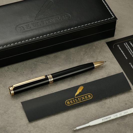 BEILUNER Luxury Gel Pen with 24K Gold Finish, Black Piano Lacquer, Luxury Grade Craftsmanship, Best Pen Gift Set for Men and Women, Professional, Executive, Office, Retractable Nice Pens